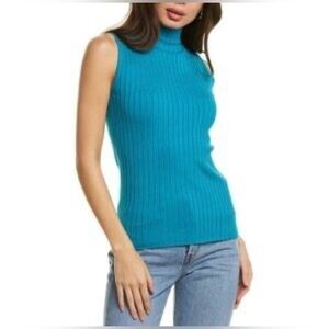 525 America Women’s Med Sleeveless Mock Neck Ribbed Knit Sweater Tank Top Blue